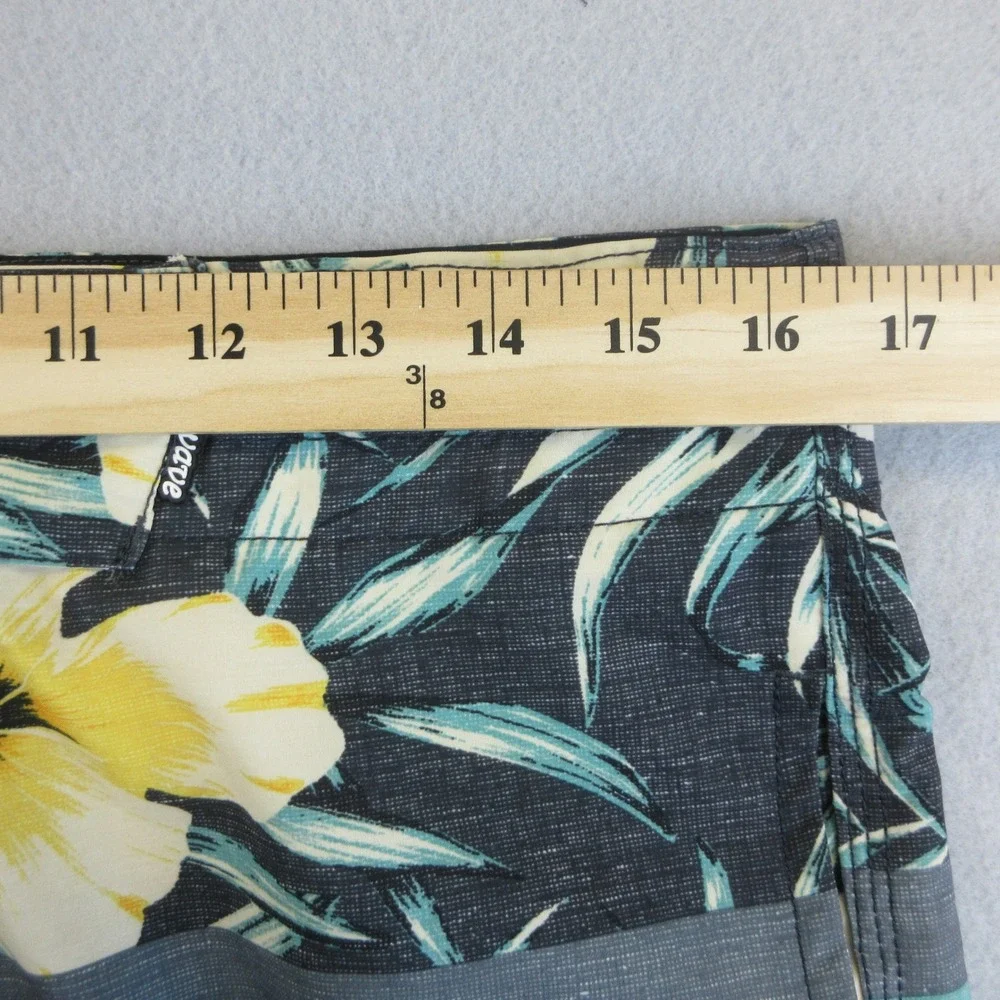 Palmwave Board Shorts Men 32 Gray‎ Teal Floral Striped Pockets Stretch Surf Swim